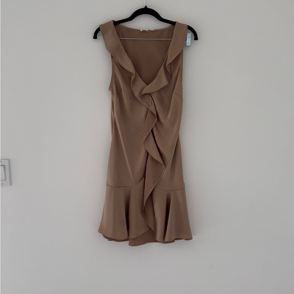 Aritzia Asymmetrical Ruffle Sleeveless Dress in Taupe
